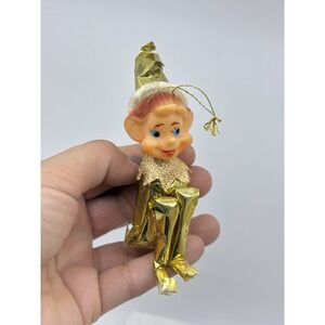 VINTAGE DELTA JAPAN GOLD PIXIE ELF KNEE HUGGER CHRISTMAS ORNAMENT BIG NOSE W TAG